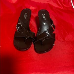 Franco Sarto Black Patent Slide Mules with Crossover Straps